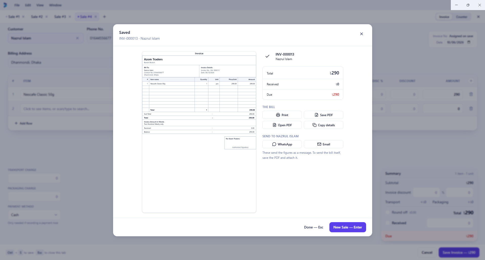 Saved Biznex invoice with print, PDF, WhatsApp and email options